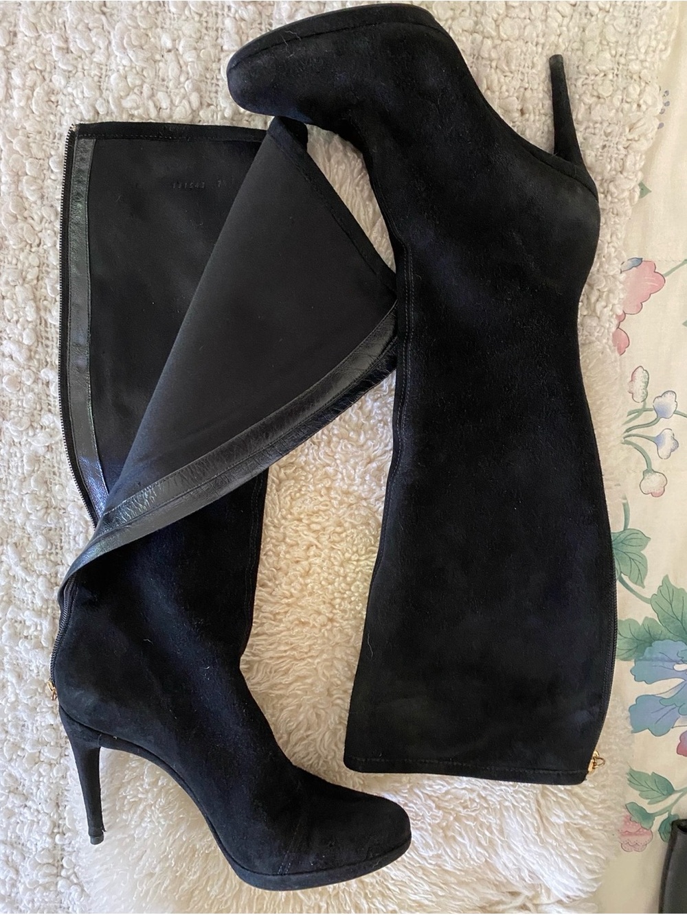 Gucci Black Suede Knee-High Stiletto Boots Gold Bamboo Zipper